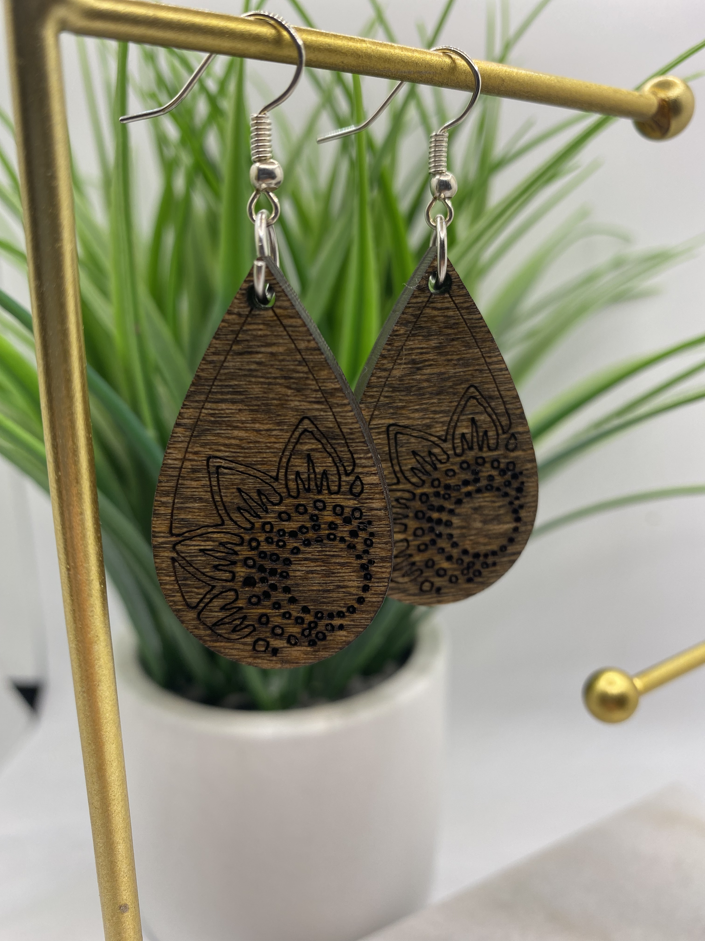 Sunflower Teardrop Wood Earrings.
