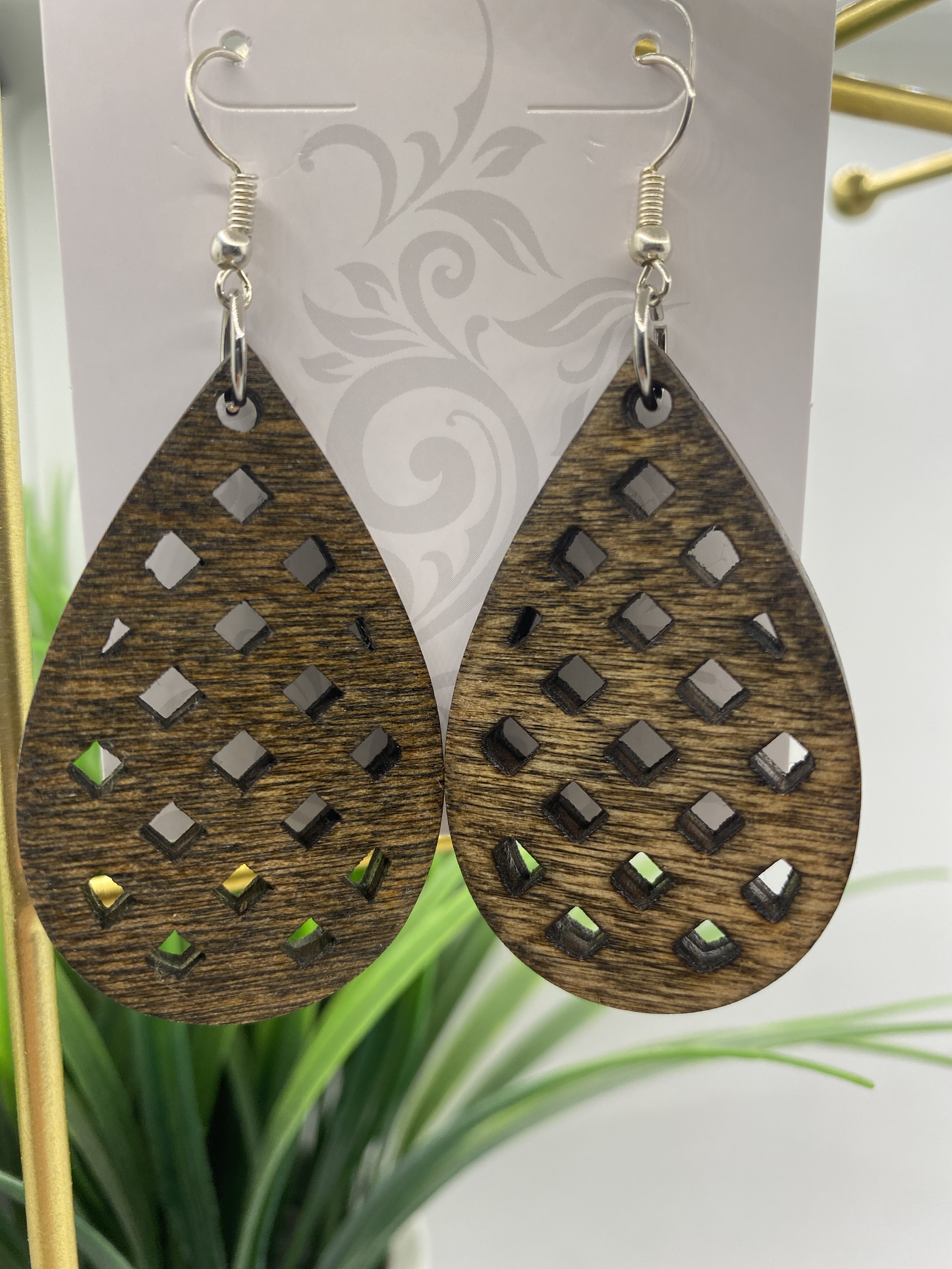 Checkered Wood Earrings.